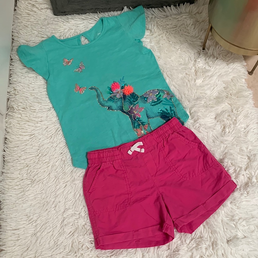 Lot of Sparkle and Shine Green Graphic Tee and Hot Pink Shorts in VGUC Size 6